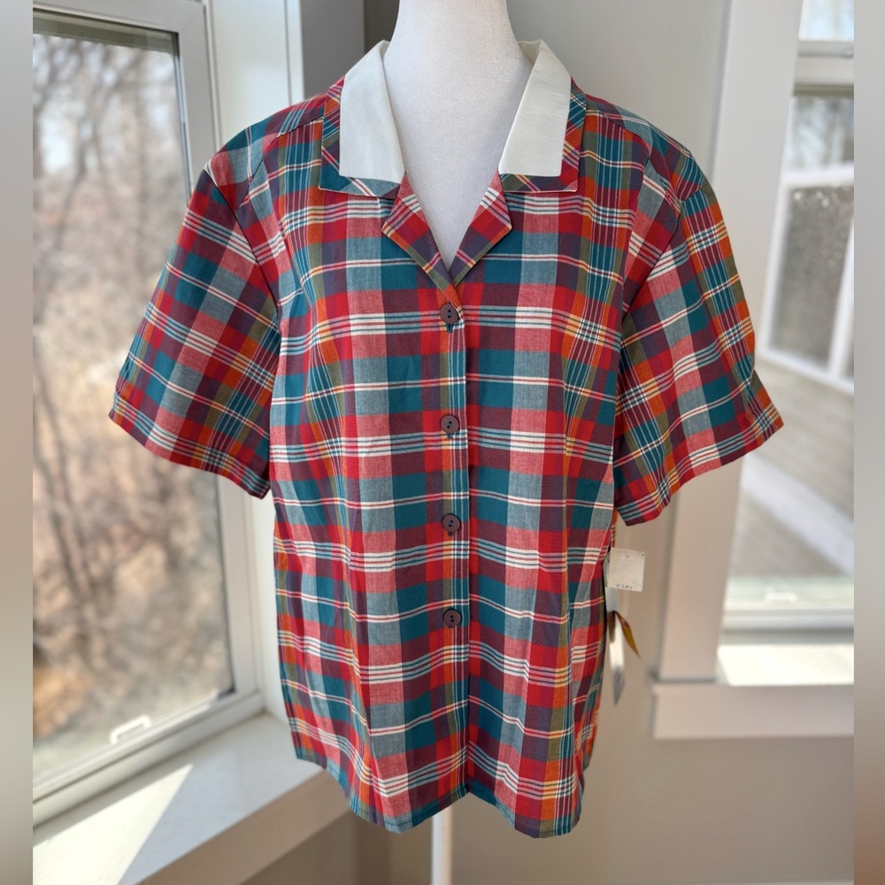 Vintage 70s 80s That’s Me Red Blue Plaid Collared Short Sleeve Shirt Sz 13/14